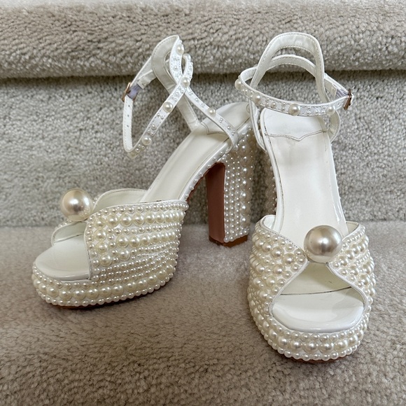 Goolita White Pearl Embellished Open Toe Heels - Picture 10 of 17